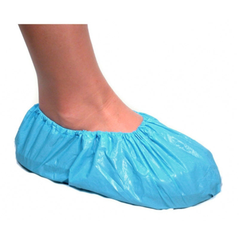 blue polyethylene Waterproof Shoe Cover on foot